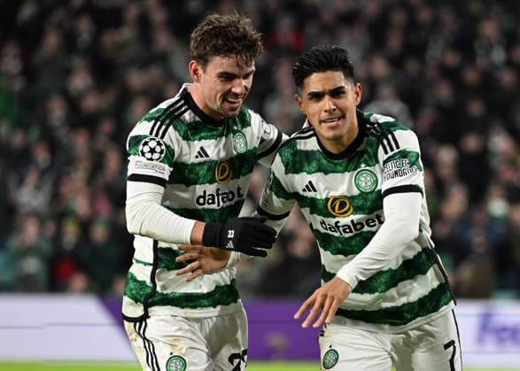Glasgow, Scotland, 13th December 2023. Luis Palma of Celtic scores from the penalty spot during the UEFA Champions League match at Celtic Park, Glasgow. Picture credit should read: Neil Hanna Sportimage EDITORIAL USE ONLY. No use with unauthorised audio, video, data, fixture lists, club league logos or live services. Online in-match use limited to 120 images, no video emulation. No use in betting, games or single club league player publications. SPI-2799-0012