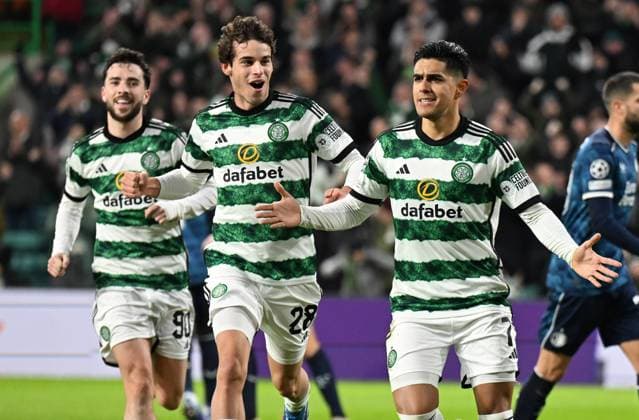 Glasgow, Scotland, 13th December 2023. Luis Palma of Celtic scores from the penalty spot during the UEFA Champions League match at Celtic Park, Glasgow. Picture credit should read: Neil Hanna Sportimage EDITORIAL USE ONLY. No use with unauthorised audio, video, data, fixture lists, club league logos or live services. Online in-match use limited to 120 images, no video emulation. No use in betting, games or single club league player publications. SPI-2799-0013