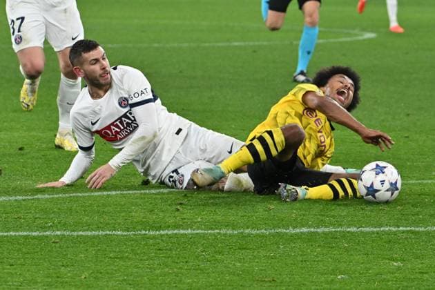 13 12 2023, xsltx, Football UEFA Champions League, Borussia Dortmund Paris St Germain PSG emspor, v l Lucas Hernandez FC Paris Saint Germain Karim Adeyemi Borussia Dortmund duel, action, action, battle for the ball DFL DFB REGULATIONS PROHIBIT ANY USE OF PHOTOGRAPHS as IMAGE SEQUENCES and or QUASI VIDEO Dortmund