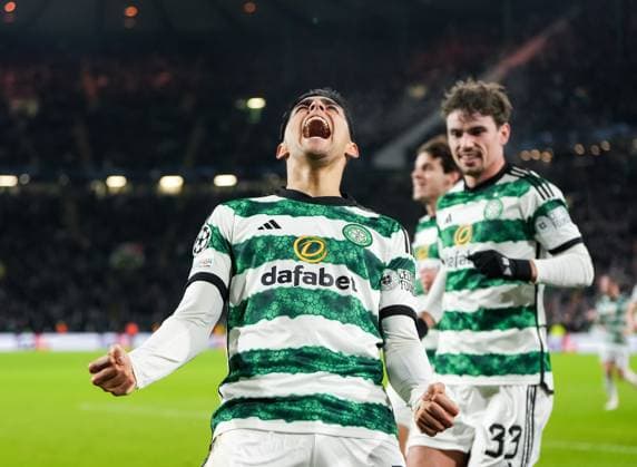 Luis Palma of Celtic celebrates with Matt O Riley of Celtic after scoring from the penalty spot to give Celtic a 1-0 lead. Celtic v Feyenoord, UEFA Champions League, Group E, Football, Celtic Park, Glasgow, UK - 13 Dec 2023 EDITORIAL USE ONLY No use with unauthorised audio, video, data, fixture lists, club league logos or live services. Online in-match use limited to 120 images, no video emulation. No use in betting, games or single club league player publications. Copyright: xStuartxWallace Shutterstockx 14254242p
