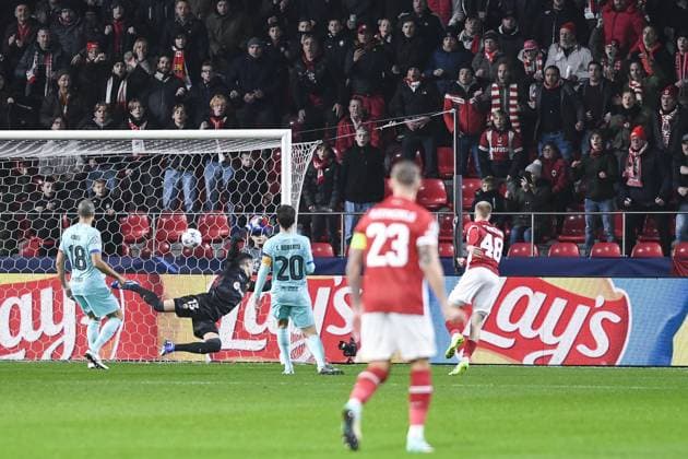 Antwerp s Arthur Vermeeren scores a goal during a game between Belgian soccer team Royal Antwerp FC and Spanish club FC Barcelona, Barca in Antwerp, on Wednesday 13 December 2023, day six of the Champions League group stage, in group H. TOM GOYVAERTS TomxGoyvaerts  x82277665x