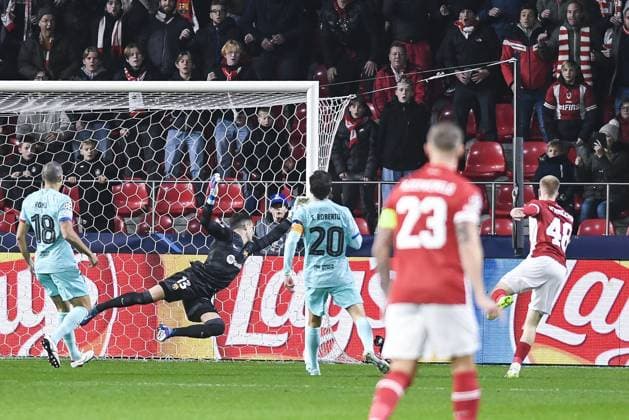 Antwerp s Arthur Vermeeren scores a goal during a game between Belgian soccer team Royal Antwerp FC and Spanish club FC Barcelona, Barca in Antwerp, on Wednesday 13 December 2023, day six of the Champions League group stage, in group H. TOM GOYVAERTS TomxGoyvaerts  x82277685x