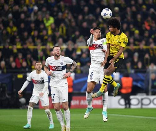 13 12 2023, Dortmund, Germany, Signal Iduna Park, Borussia Dortmund vs Paris Saint Germain UEFA Champions League 2023 2024 Group F, Marquinhos Paris Saint Germain and Karim Adeyemi Borussia Dortmund in a duel Photo Ralf Treese Dortmund Signal Iduna Park North Rhine Westphalia Germany 521_BVBPSG20231213_021 Treese-521