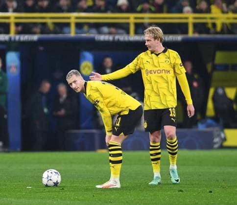 13 12 2023, Dortmund, Germany, Signal Iduna Park, Borussia Dortmund vs Paris Saint Germain UEFA Champions League 2023 2024 Group F, Marco Reus Borussia Dortmund and Julian Brandt Borussia Dortmund look on Photo Ralf Treese Dortmund Signal Iduna Park North Rhine Westphalia Germany 521_BVBPSG20231213_026 Treese-521