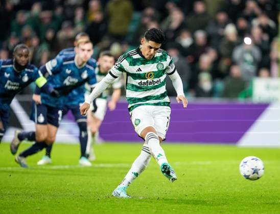 Luis Palma of Celtic scores from the penalty spot to give Celtic a 1-0 lead. Celtic v Feyenoord, UEFA Champions League, Group E, Football, Celtic Park, Glasgow, UK - 13 Dec 2023 EDITORIAL USE ONLY No use with unauthorised audio, video, data, fixture lists, club league logos or live services. Online in-match use limited to 120 images, no video emulation. No use in betting, games or single club league player publications. Copyright: xStuartxWallace Shutterstockx 14254242x