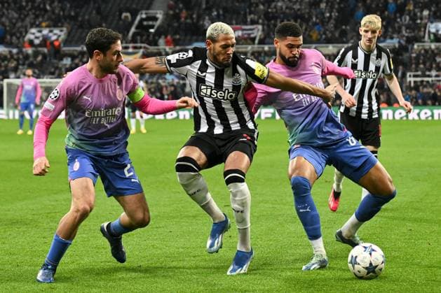 Joelinton of Newcastle United under pressure from Davide Calabria Ruben Loftus-Cheek of AC Milan Newcastle United v AC Milan, UEFA Champions League, Group F, Football, St James Park, Newcastle, UK - 13 Dec 2023 EDITORIAL USE ONLY No use with unauthorised audio, video, data, fixture lists, club league logos or live services. Online in-match use limited to 120 images, no video emulation. No use in betting, games or single club league player publications. Copyright: xRichardxLee Shutterstockx 14254244bx