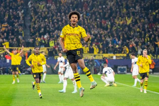 Soccer Champions League Matchday 6 Borussia Dortmund Paris St Germain on 13 12 2023 at Signal Iduna Park Dortmund Karim Adeyemi celebrates after his goal for 1 0 IMPORTANT NOTE According to UEFA regulations, it is prohibited to use or have used photographs taken in the stadium and or of the match in the form of sequential images and or video-like photo series Copyright: xKirchner DavidxInderliedx
