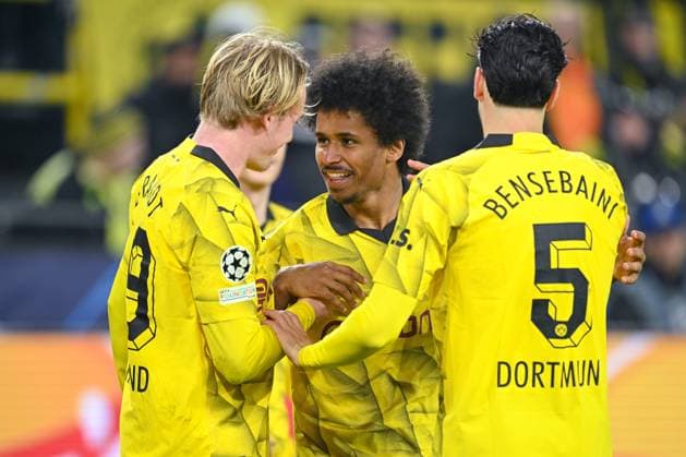 13 12 2023, Football, UCL, UEFA Champions League, Group stage, Matchday 6, Season 2023 2024, Borussia Dortmund Paris St Germain, Karim Adeyemi Borussia Dortmund celebrates the 1-0 goal with Julian Brandt Borussia Dortmund xRHR PHOTO TKx Copyright: TeresaxKroeger RHR-FOTOx RHR-FOTO TK