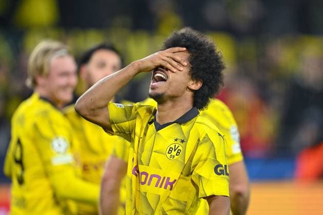 13 12 2023, Football, UCL, UEFA Champions League, Group stage, Matchday 6, Season 2023 2024, Borussia Dortmund Paris St Germain, Karim Adeyemi Borussia Dortmund celebrates the goal for 1 0 xRHR PHOTO TKx Copyright: TeresaxKroeger RHR-FOTOx RHR-FOTO TK