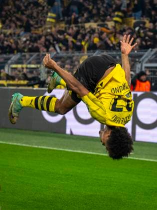 Soccer Champions League Matchday 6 Borussia Dortmund Paris St Germain on 13 12 2023 at Signal Iduna Park Dortmund Karim Adeyemi celebrates after his goal for 1 0 IMPORTANT NOTE According to UEFA regulations, it is prohibited to use or have used photographs taken in the stadium and or of the match in the form of sequential images and or video-like photo series Copyright: xKirchner DavidxInderliedx