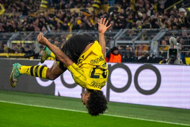 Soccer Champions League Matchday 6 Borussia Dortmund Paris St Germain on 13 12 2023 at Signal Iduna Park Dortmund Karim Adeyemi celebrates after his goal for 1 0 IMPORTANT NOTE According to UEFA regulations, it is prohibited to use or have used photographs taken in the stadium and or of the match in the form of sequential images and or video-like photo series Copyright: xKirchner DavidxInderliedx