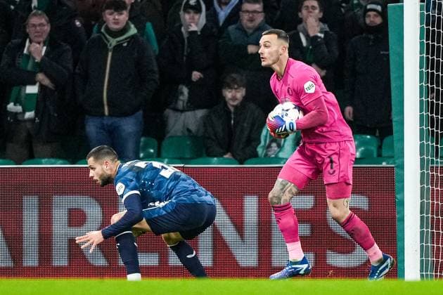 UEFA Champions League: Celtic v Feyenoord Glasgow - David Hancko of Feyenoord, Feyenoord keeper Justin Bijlow during the 6th leg of the UEFA Champions League group stage between Celtic v Feyenoord at Celtic Park on 13 December 2023 in Glasgow, Scotland. Copyright: xTomxBodex