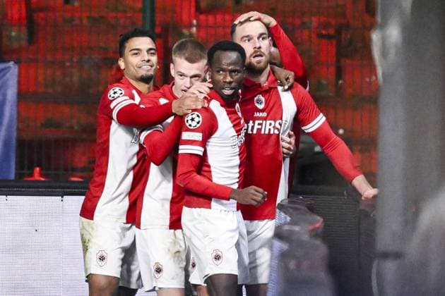 Antwerp s Vincent Janssen celebrates after scoring during a game between Belgian soccer team Royal Antwerp FC and Spanish club FC Barcelona, Barca in Antwerp, on Wednesday 13 December 2023, day six of the Champions League group stage, in group H. TOM GOYVAERTS TomxGoyvaerts  x82279802x