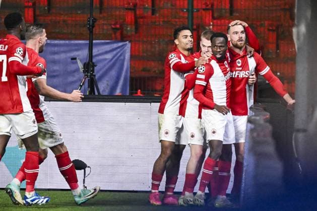 Antwerp s Vincent Janssen celebrates after scoring during a game between Belgian soccer team Royal Antwerp FC and Spanish club FC Barcelona, Barca in Antwerp, on Wednesday 13 December 2023, day six of the Champions League group stage, in group H. TOM GOYVAERTS TomxGoyvaerts  x82279887x