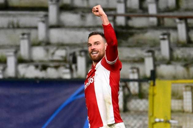 Royal Antwerp FC v FC Barcelona, Barca - UEFA Champions League DEURNE, BELGIUM - DECEMBER 13 : Janssen Vincent forward of Antwerp FC celebrates scoring a goal during the UEFA Champions League group H match between Royal Antwerp FC and FC Barcelona on December 13, 2023 in Deurne, Belgium, 13 12 2023 Deurne Belgium  Copyright: xPeterxDexVoechtx