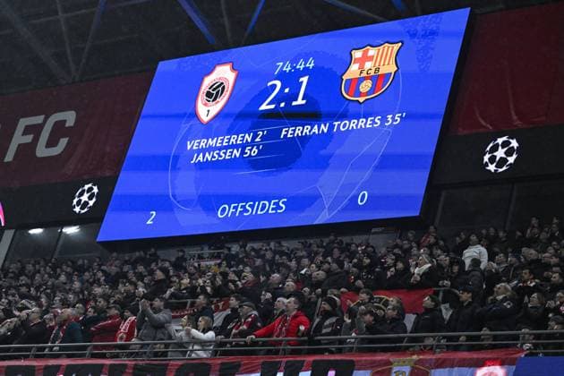 Illustration picture shows the scorebord during a game between Belgian soccer team Royal Antwerp FC and Spanish club FC Barcelona, Barca in Antwerp, on Wednesday 13 December 2023, day six of the Champions League group stage, in group H. TOM GOYVAERTS TomxGoyvaerts  x82280595x