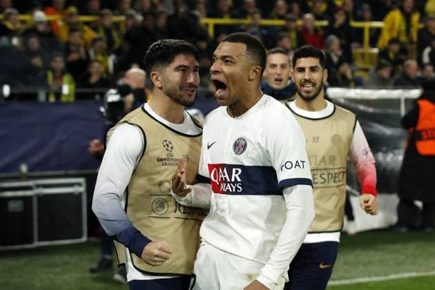 DORTMUND - Kylian Mbappe of Paris Saint-Germain celebrates the later disallowed 1-2 during the UEFA Champions League Group F match between Borussia Dortmund and Paris Saint-Germain at Signal Iduna Park on December 13, 2023 in Dortmund, Germany. ANP Hollandse Hoogte Bart Stoutjesdijk UEFA Champions League 2023 24 2023 2024 xVIxANPxSportx xBartxStoutjesdijkxIVx 486225341 originalFilename: 486225341.jpg