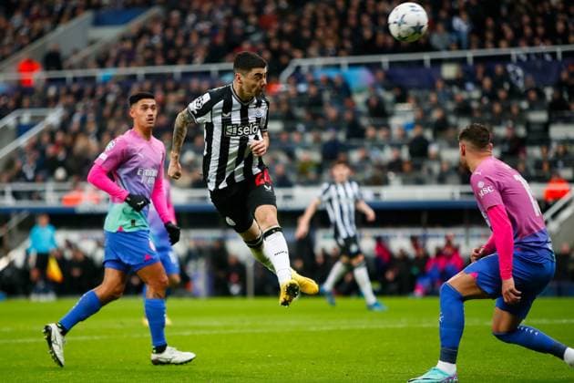 13th December 2023; St James Park, Newcastle, England; UEFA Champions League Football, Newcastle United versus AC Milan; Miguel Almiron of Newcastle United heads at goal  ActionPlus12585532 GrahamxWilson