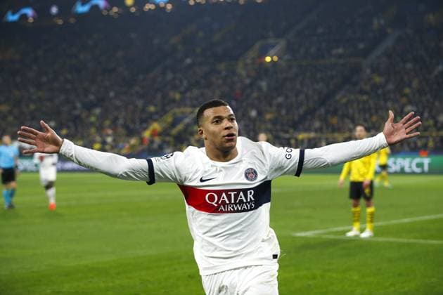 DORTMUND - Kylian Mbappe of Paris Saint-Germain celebrates the later disallowed 1-2 during the UEFA Champions League Group F match between Borussia Dortmund and Paris Saint-Germain at Signal Iduna Park on December 13, 2023 in Dortmund, Germany. ANP Hollandse Hoogte Bart Stoutjesdijk UEFA Champions League 2023 24 2023 2024 xVIxANPxSportx xBartxStoutjesdijkxIVx 486226223 originalFilename: 486226223.jpg