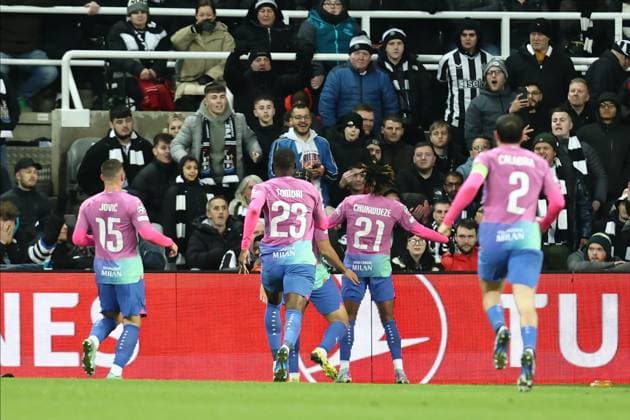 Newcastle United v AC Milan Champions League 13-12-2023. GOAL 1-2 Samuel Chukwueze (21) of AC Milan scores a goal 1-2 and celebrates, celebration during the Champions League match between Newcastle United and AC Milan at St. James s Park, Newcastle, England on 13 December 2023. Newcastle St. James s Park Tyne and Wear England Editorial use only , Copyright: xStephenxDobsonx PSI-18596-0064