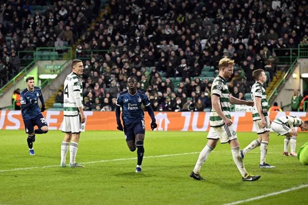 GLASGOW - Yankuba Minteh of Feyenoord celebrates the 1-1 during the UEFA Champions League Group E match between Celtic FC and Feyenoord at Celtic Park on December 13, 2023 in Glasgow, Scotland. ANP OLAF KRAAK Group E - UEFA Champions League 2023 2024 xVIxANPxSportx xxANPxIVx 486226005 originalFilename: 486226005.jpg