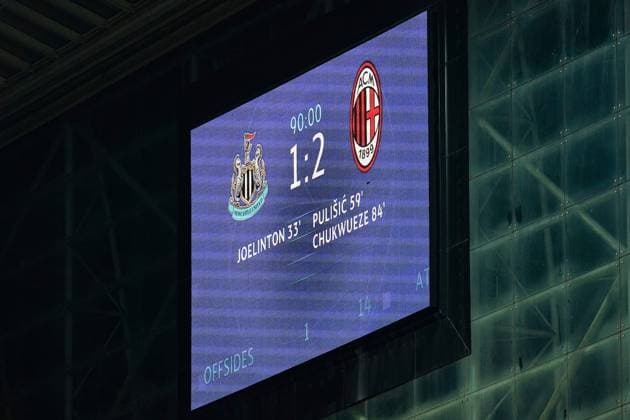 Newcastle United FC v AC Milan Scoreboard 1-2 to Milan during the Newcastle United FC v AC Milan UEFA Champions League Group F match at St.James Park, Newcastle, United Kingdom on 13 December 2023 Editorial Use Only Copyright: xIMAGO EveryxSecondxMediax ESM-0872-0099