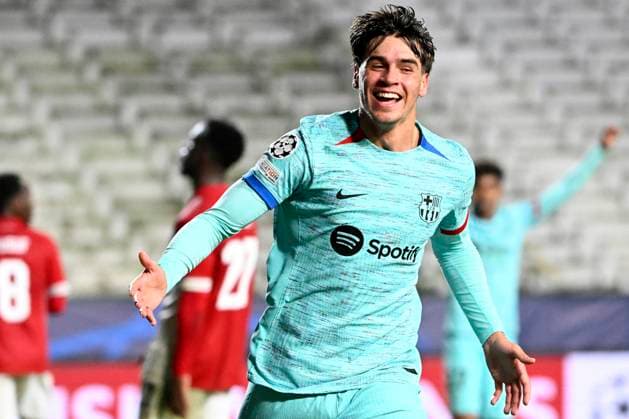 Royal Antwerp FC v FC Barcelona, Barca - UEFA Champions League DEURNE, BELGIUM - DECEMBER 13 : Guiu Marc forward of FC Barcelona celebrates after scoring during the UEFA Champions League group H match between Royal Antwerp FC and FC Barcelona on December 13, 2023 in Deurne, Belgium, 13 12 2023 Deurne Belgium  Copyright: xVincentxKalutx