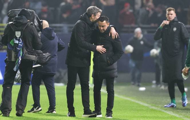 Antwerp s head coach Mark van Bommel and Barcelona s head coach Xavi Hernandez pictured after a game between Belgian soccer team Royal Antwerp FC and Spanish club FC Barcelona, Barca in Antwerp, on Wednesday 13 December 2023, day six of the Champions League group stage, in group H. VIRGINIExLEFOUR  x82282459x
