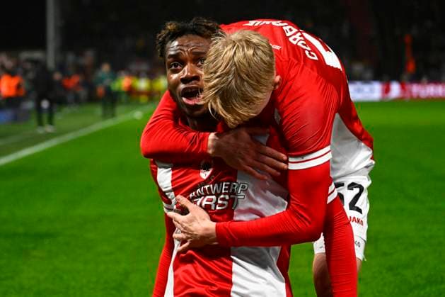 Royal Antwerp FC v FC Barcelona, Barca - UEFA Champions League DEURNE, BELGIUM - DECEMBER 13 : Ilenikhena George forward of Antwerp FC celebrates scoring a goal during the UEFA Champions League group H match between Royal Antwerp FC and FC Barcelona on December 13, 2023 in Deurne, Belgium, 13 12 2023 Deurne Belgium  Copyright: xPeterxDexVoechtx