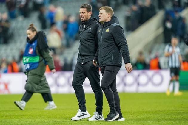 Newcastle United FC v AC Milan Newcastle United Manager Eddie Howe with Newcastle United Assistant Manager Jason Tindall on pitch after defeat during the Newcastle United FC v AC Milan UEFA Champions League Group F match at St.James Park, Newcastle, United Kingdom on 13 December 2023 Editorial Use Only Copyright: xIMAGO EveryxSecondxMediax ESM-0872-0104