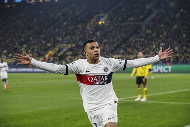 DORTMUND - Kylian Mbappe of Paris Saint-Germain celebrates the later disallowed 1-2 during the UEFA Champions League Group F match between Borussia Dortmund and Paris Saint-Germain at Signal Iduna Park on December 13, 2023 in Dortmund, Germany. ANP Hollandse Hoogte Bart Stoutjesdijk UEFA Champions League 2023 24 2023 2024 xVIxANPxSportx xBartxStoutjesdijkxIVx 486227731 originalFilename: 486227731.jpg