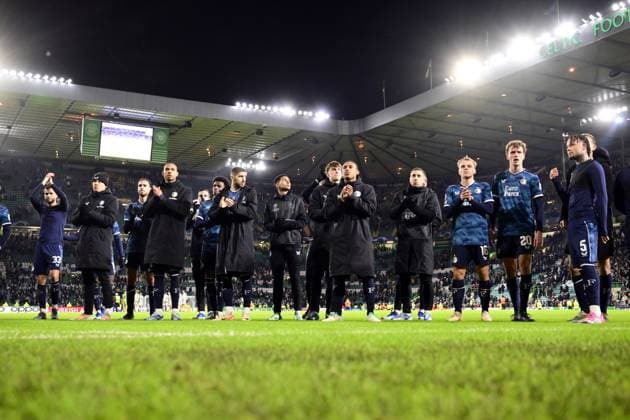 GLASGOW - Feyenoord players disappointed after the UEFA Champions League Group E match between Celtic FC and Feyenoord at Celtic Park on December 13, 2023 in Glasgow, Scotland. ANP OLAF KRAAK Group E - UEFA Champions League 2023 2024 xVIxANPxSportx xxANPxIVx 486227943 originalFilename: 486227943.jpg