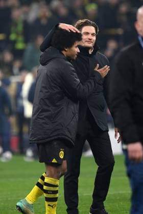Coach Edin Terzic Borussia Dortmund after the match with Karim Adeyemi Borussia Dortmund 13 12 2023, Football Champions League, Season 2023 2024, Preliminary round, Matchday 6, Borussia Dortmund Paris Saint Germain Dortmund Signal Iduna Park Nordrhein Westfalen Germany Team2