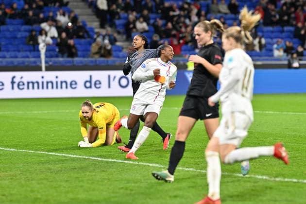 Joie de Diani Kadidiatou (lyon) FOOTBALL: Olympique Lyonnais FÂŽminines vs SK Brann - Ligue des Champions FÂŽminine - 13 12 2023 FredericChambert Panoramic 