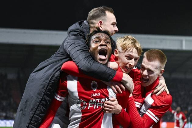 Antwerp s George Ilenikhena celebrates after scoring during a game between Belgian soccer team Royal Antwerp FC and Spanish club FC Barcelona, Barca in Antwerp, on Wednesday 13 December 2023, day six of the Champions League group stage, in group H. TOM GOYVAERTS TomxGoyvaerts  x82283204x