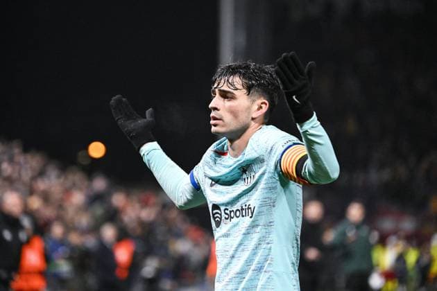 Barcelona s Pedri reacts during a game between Belgian soccer team Royal Antwerp FC and Spanish club FC Barcelona, Barca in Antwerp, on Wednesday 13 December 2023, day six of the Champions League group stage, in group H. TOM GOYVAERTS TomxGoyvaerts  x82283389x