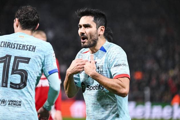 Sport Bilder des Tages Barcelona s Ilkay Gundogan reacts during a game between Belgian soccer team Royal Antwerp FC and Spanish club FC Barcelona, Barca in Antwerp, on Wednesday 13 December 2023, day six of the Champions League group stage, in group H. TOM GOYVAERTS TomxGoyvaerts  x82283409x