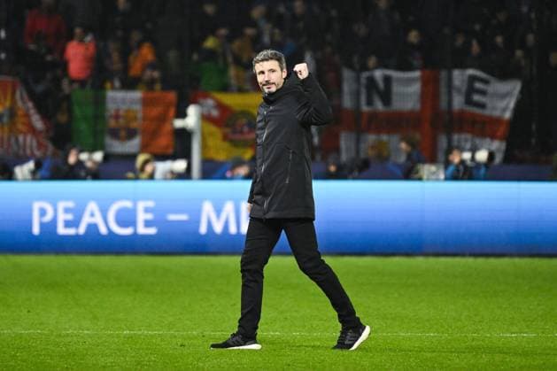 Antwerp s head coach Mark van Bommel celebrates after winning a game between Belgian soccer team Royal Antwerp FC and Spanish club FC Barcelona, Barca in Antwerp, on Wednesday 13 December 2023, day six of the Champions League group stage, in group H. TOM GOYVAERTS TomxGoyvaerts  x82283658x