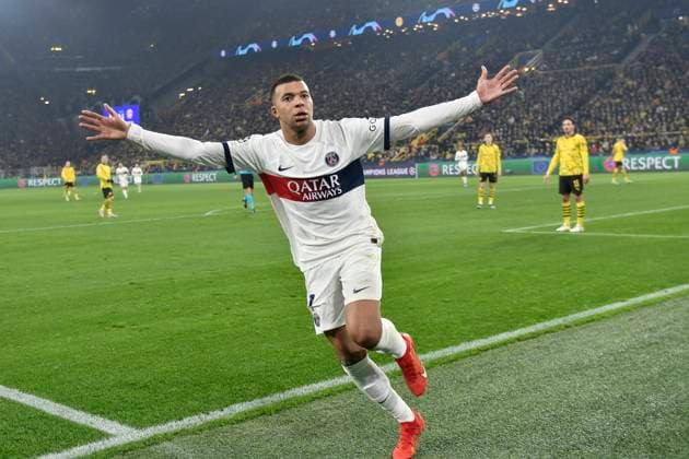 Kylian Mbappe 7, Paris Saint Germain celebrates after the goal for 1 2 which was disallowed by VAR 13 12 2023 Soccer, Champions League, Borussia Dortmund vs Paris St Germain, Signal Iduna Park, Dortmund, NRW Germany Copyright: xpepphotox xHorstxMauelshagenx pep00321, pep_20231213_hm