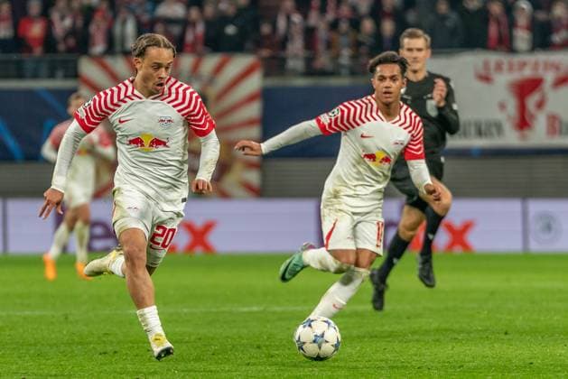 Leipzig, Germany 13 December 2023 Champions League 2023 2024 RB Leipzig vs Young Boys Bern In the picture from left Xavi Simons Leipzig and Fabio Carvalho Leipzig Copyright: xFotostandx xNachtigallx