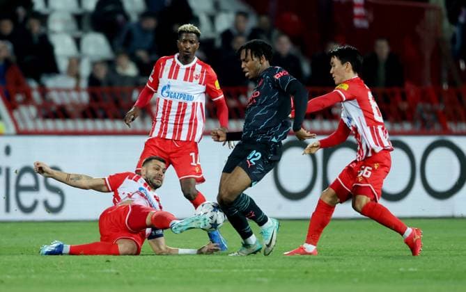 (231214) -- BELGRADE, Dec. 14, 2023 -- Manchester City s Micah Hamilton (2nd R) vies with Red Star s Peter Olayinka (1st L), Aleksandar Dragovic (2nd L) and Hwang Inbeom during the UEFA Champions League group G football match between Red Star and Manchester City in Belgrade, Serbia on Dec. 13, 2023. (Photo by Xinhua) (SP)SERBIA-BELGRADE-FOOTBALL-UEFA CHAMPIONS LEAGUE-RED STAR VS MANCHESTER CITY PredragxMilosavljevic 