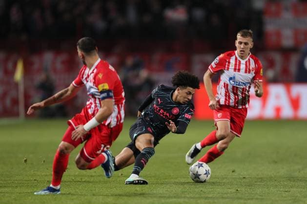 CRVENA ZVEZDA vs MANCHESTER CITY RICO LEWIS, VLADIMIR LUCIC football Crvena zvezda vs Manchester City UEFA Champions league match at Rajko Mitic stadium, Belgrade 13.12.2023 Foto: Belgrade Rajko Mitic stadium Serbia Copyright: xMarkoxMetlasx xMNxPressx