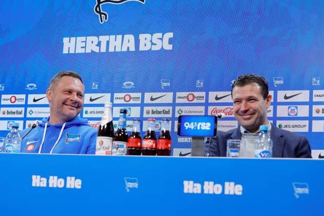 Germany, Berlin, Sportpark, GER, 2 FBL, Hertha BSC, Season 2023 24, Press conference before the home match against VfL Osnabrück, Photo head coach Pál Dárdai, sports director Benjamin Weber