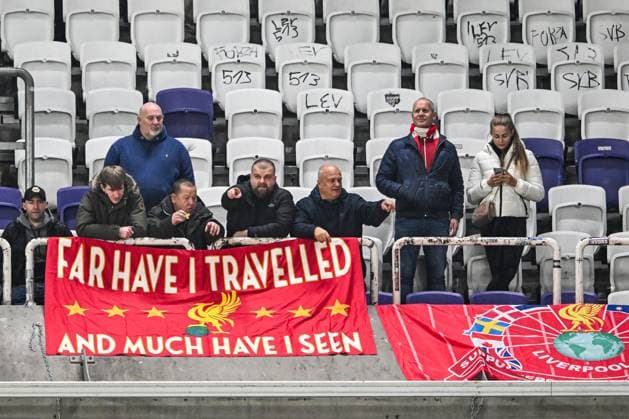BRUSSELS - Liverpool fans during the UEFA Europa League in group E match between R. Union Sint Gillis and Liverpool FC at the Lotto Park stadium on December 14, 2023 in Brussels, Belgium. ANP Hollandse Hoogte UEFA Europa Europa League 2023 24 2022 2023 xVIxANPxSportx xGerritxvanxKeulenxIVx 486289879 originalFilename: 486289879.jpg