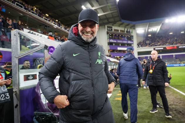 Liverpool s head coach Jurgen Klopp pictured at the start of a game between Belgian soccer team Royale Union Saint Gilloise and English club Liverpool FC, on Thursday 14 December 2023 in Brussels, on the sixth and last day of the group phase of the UEFA Europa League competition, in group E. VIRGINIExLEFOUR  x82338387x