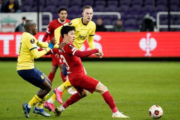 Wataru Endo of Liverpool Union Saint-Gilloise v Liverpool, UEFA Europa League, Group E, Football, Lotto Park, Brussels, Belgium - 14 Dec 2023 EDITORIAL USE ONLY No use with unauthorised audio, video, data, fixture lists, club league logos or live services. Online in-match use limited to 120 images, no video emulation. No use in betting, games or single club league player publications.  Copyright: xDavexWinter Shutterstockx 14254246r