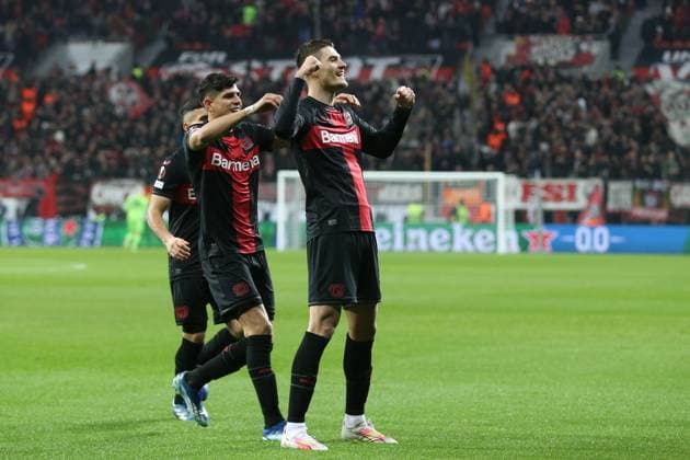Germany, Leverkusen, 14 12 2023, BayArena, Bayer Leverkusen vs Molde FK UEFA Europa League 2023 2024 Group H, Patrick Schick Bayer 04 Leverkusen celebrates after scoring his team s first goal with teammates Leverkusen BayArena North Rhine Westfalia Germany eu-images-678