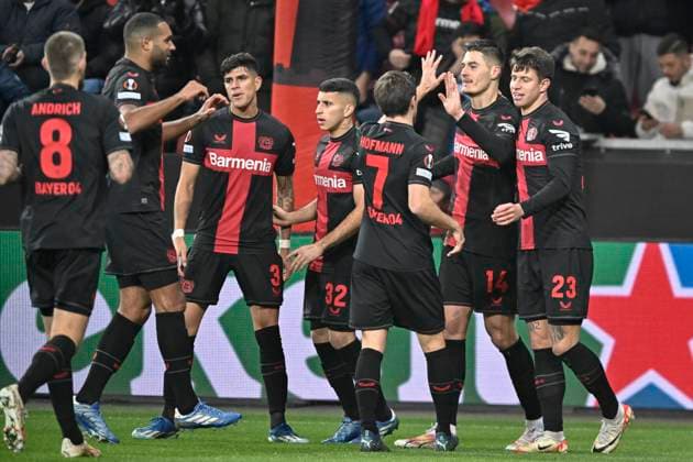 the team of Leverkusen jubilation joy emotion goal celebration goal scorer Patrik Schick 14, Bayer Leverkusen 14 12 2023 Soccer Europa League, Bayer 04 Leverkusen vs Molde FK, BayArena, Leverkusen, NRW Germany Copyright: xpepphotox xHorstxMauelshagenx pep00321, pep_20231214_hm