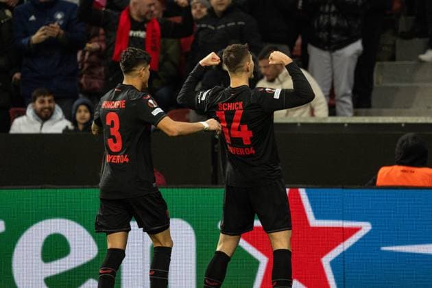 GER, UEFA Europa League matchday 6, Bayer 04 Leverkusen vs Molde Fotballklubb 14 12 2023, BayArena, Leverkusen, GER, UEFA Europa League matchday 6, Bayer 04 Leverkusen vs Molde Fotballklubb In the picture Goal celebration Cheering the goal to 0 by Patrik Schick Bayer 04 Leverkusen, 14 Piero Hincapie Bayer 04 Leverkusen, 3 nordphotoxGmbHxx xChristianxSchulze nph000300