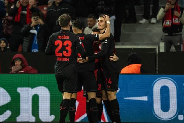 GER, UEFA Europa League matchday 6, Bayer 04 Leverkusen vs Molde Fotballklubb 14 12 2023, BayArena, Leverkusen, GER, UEFA Europa League matchday 6, Bayer 04 Leverkusen vs Molde Fotballklubb In the picture Goal celebration Cheering the goal to 0 by Patrik Schick Bayer 04 Leverkusen, 14 Piero Hincapie Bayer 04 Leverkusen, 3 Adam Hlozek Bayer 04 Leverkusen, 23 nordphotoxGmbHxx xChristianxSchulze nph000300